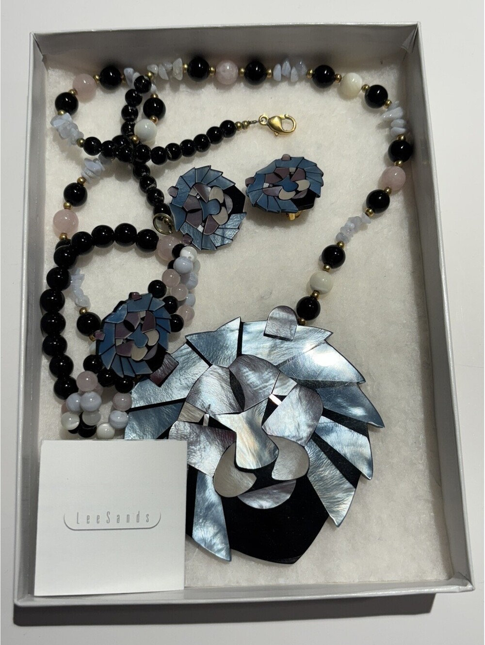 Lee Sands Abalone Mother of Pearl Lion Jewelry Set Necklace Bracelet Earrings